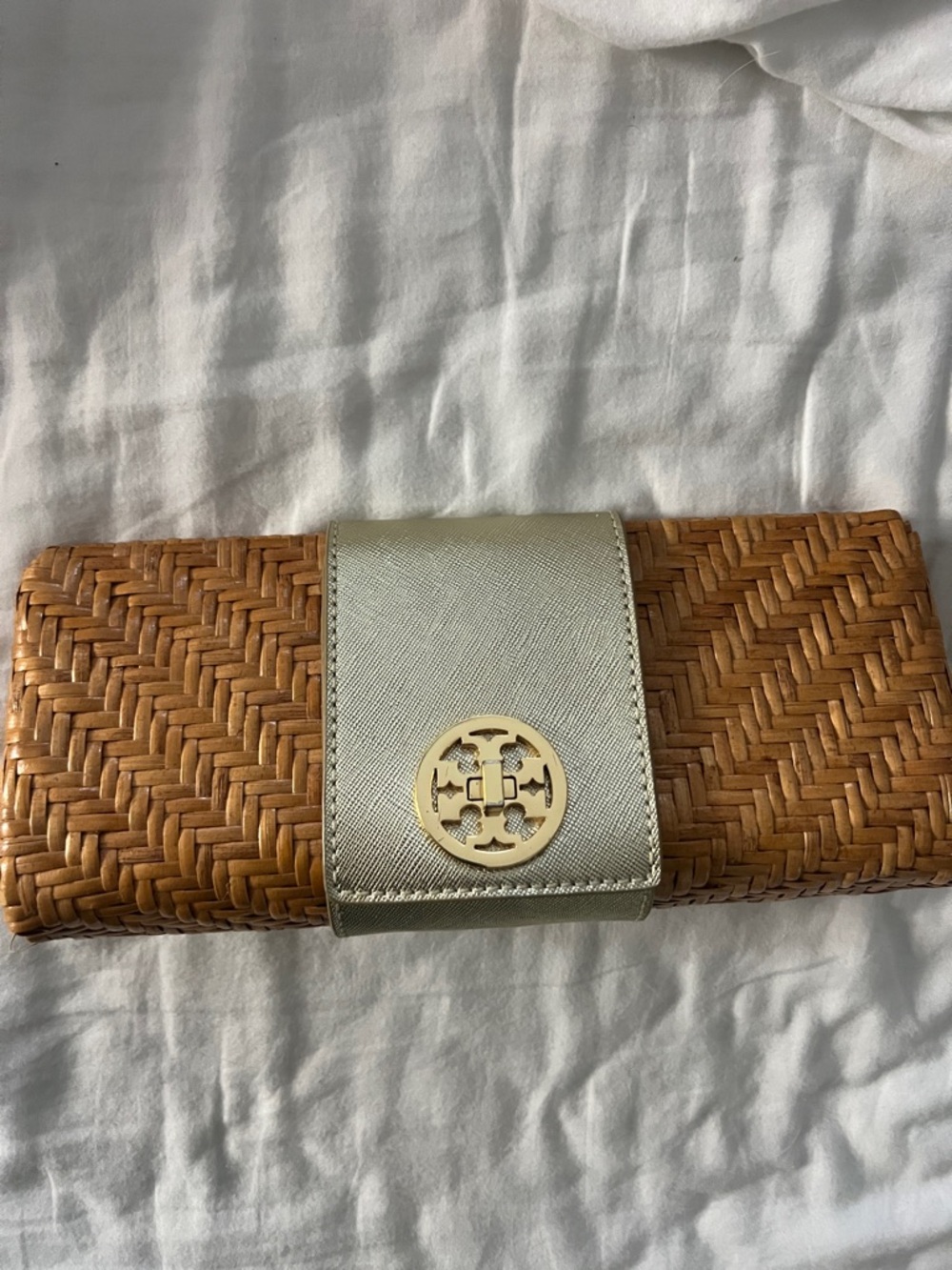 Tory Burch Woven Straw Clutch with Metallic Leather Trim